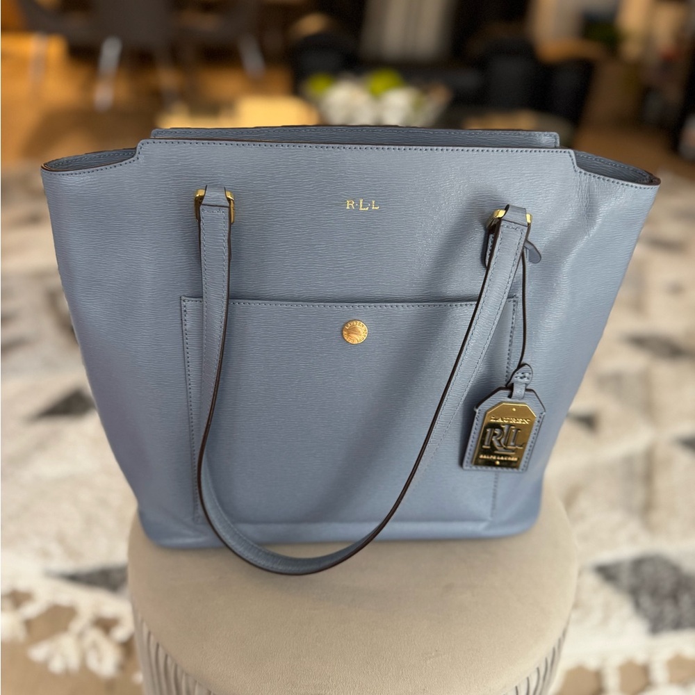 Lauren Ralph Lauren Crosshatch Leather Karly Tote in Sky Blue